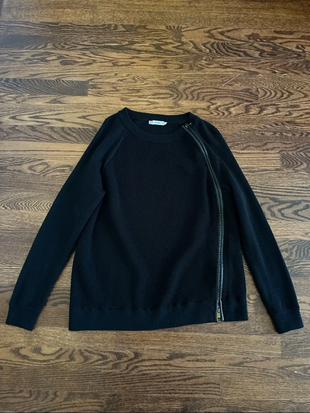 Vince Black Wool Asymmetrical Leather Trim Zip Sweater Size M